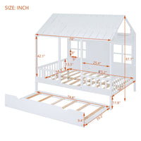 Full Size Wood House Bed With Twin Size Trundle, Wooden Daybed - 7DAY'S