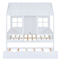 Full Size Wood House Bed With Twin Size Trundle, Wooden Daybed - 7DAY'S