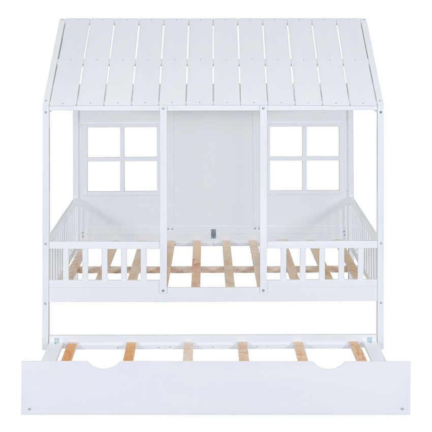 Full Size Wood House Bed With Twin Size Trundle, Wooden Daybed - 7DAY'S