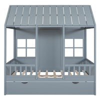 Full Size Wood House Bed With Twin Size Trundle, Wooden Daybed - 7DAY'S