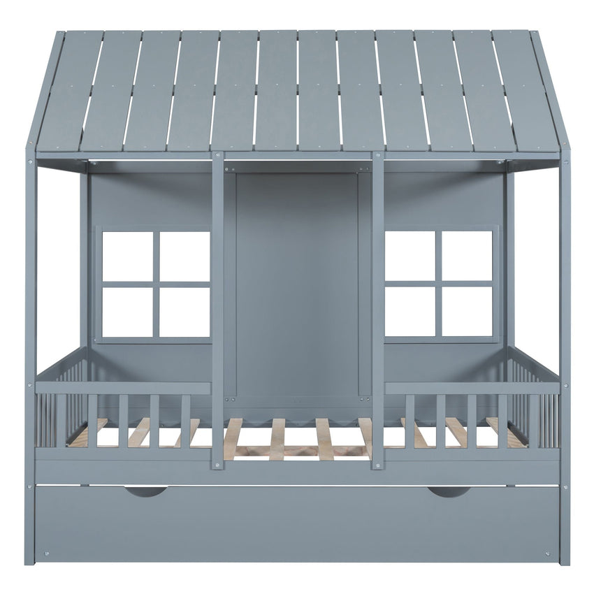 Full Size Wood House Bed With Twin Size Trundle, Wooden Daybed - 7DAY'S