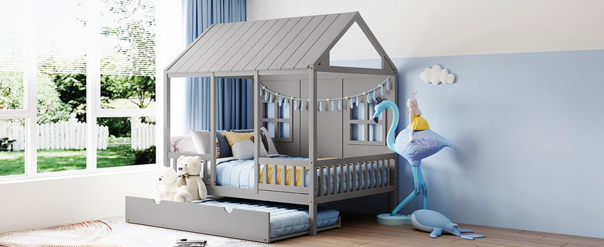 Full Size Wood House Bed With Twin Size Trundle, Wooden Daybed - 7DAY'S