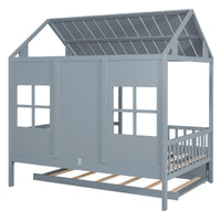 Full Size Wood House Bed With Twin Size Trundle, Wooden Daybed - 7DAY'S