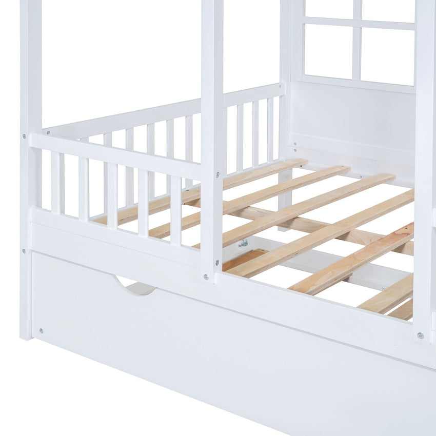 Full Size Wood House Bed With Twin Size Trundle, Wooden Daybed - 7DAY'S