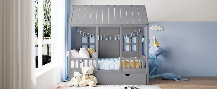 Full Size Wood House Bed With Twin Size Trundle, Wooden Daybed - 7DAY'S