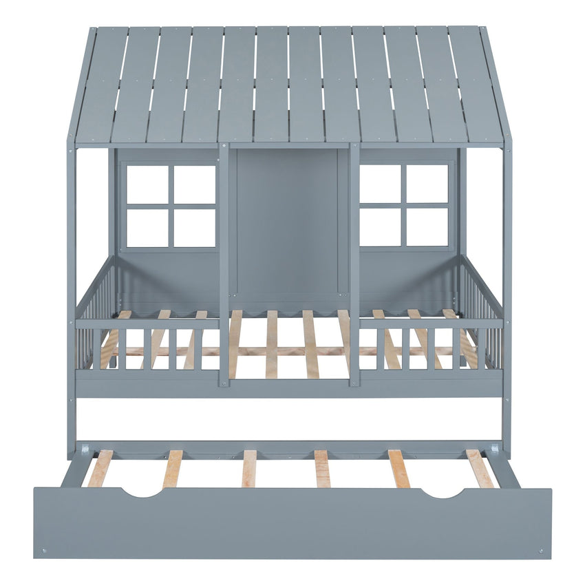 Full Size Wood House Bed With Twin Size Trundle, Wooden Daybed - 7DAY'S