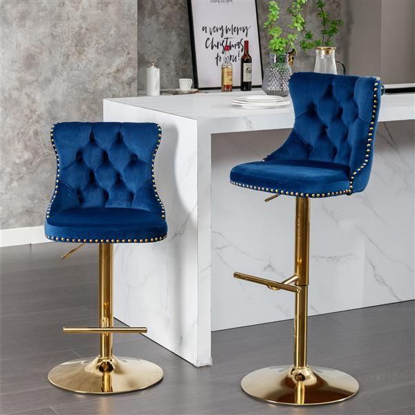 Furniture,Golden Swivel Velvet Barstools Adjusatble Seat Height from 25 - 33 Inch, Modern Upholstered Bar Stools with Backs Comfortable Tufted for Home Pub and Kitchen Island,Blue,Set of 2 - 7DAY'S
