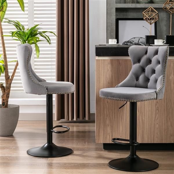 Furniture,Swivel Velvet Barstools Adjusatble Seat Height from 25 - 33 Inch,17.7 inch base, Modern Upholstered Bar Stools with Backs Comfortable Tufted for Home Pub and Kitchen Island,Gray,Set of 2 - 7DAY'S