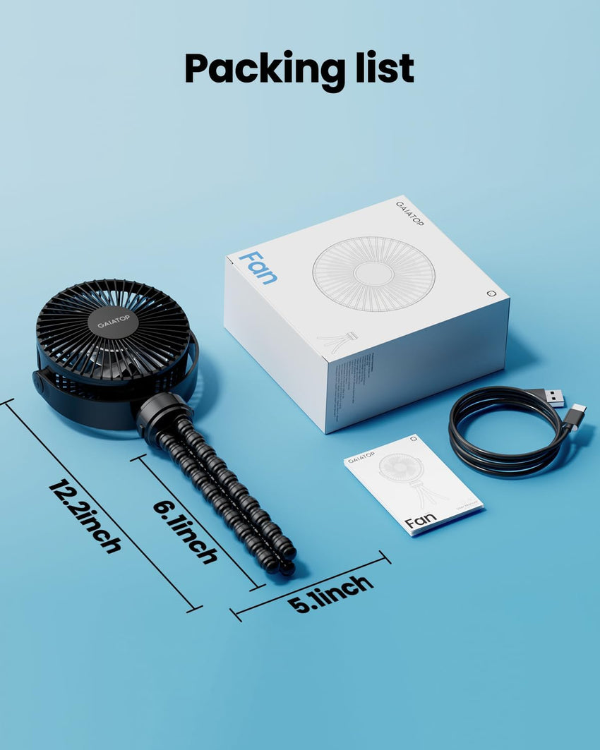 Gaiatop Mini Portable Stroller Fan, Battery Operated Small Clip on, Detachable 3 Speed Rechargeable, 360° Rotate Flexible Tripod Better Cooling for Car Seat Crib Treadmill Travel Black - 7DAY'S