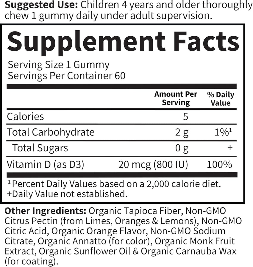 Garden of Life Kids Organic Vitamin D3 Gummies with 800 IU (100% Daily Value) for Strong Bones, Teeth, Brain & Immunity – Non - GMO, No Gluten, Vegetarian, Sugar Free, Orange Flavor, 60 Servings - 7DAY'S