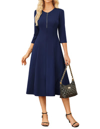 GRACE KARIN Womens Wear to Work Dresses Funeral Dress 3/4 Sleeve Zipper Front Empire Waist Aline Dress with Pockets - 7DAY'S