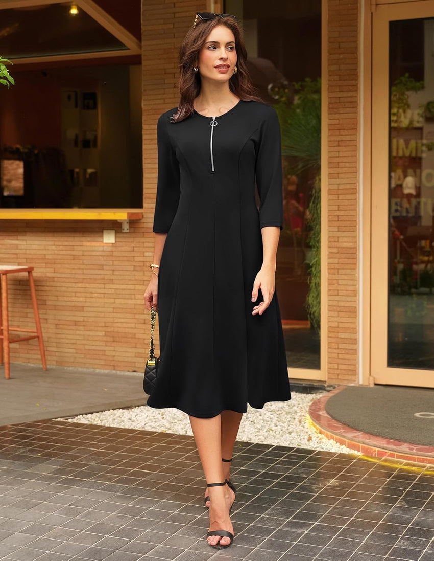GRACE KARIN Womens Wear to Work Dresses Funeral Dress 3/4 Sleeve Zipper Front Empire Waist Aline Dress with Pockets - 7DAY'S