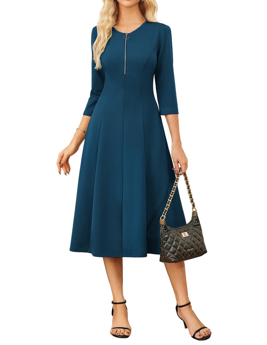 GRACE KARIN Womens Wear to Work Dresses Funeral Dress 3/4 Sleeve Zipper Front Empire Waist Aline Dress with Pockets - 7DAY'S
