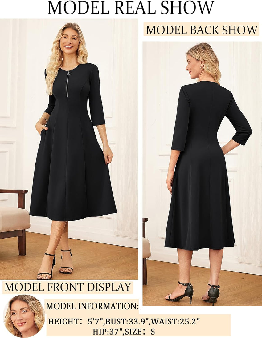 GRACE KARIN Womens Wear to Work Dresses Funeral Dress 3/4 Sleeve Zipper Front Empire Waist Aline Dress with Pockets - 7DAY'S