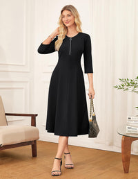 GRACE KARIN Womens Wear to Work Dresses Funeral Dress 3/4 Sleeve Zipper Front Empire Waist Aline Dress with Pockets - 7DAY'S