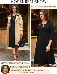 GRACE KARIN Womens Wear to Work Dresses Funeral Dress 3/4 Sleeve Zipper Front Empire Waist Aline Dress with Pockets - 7DAY'S