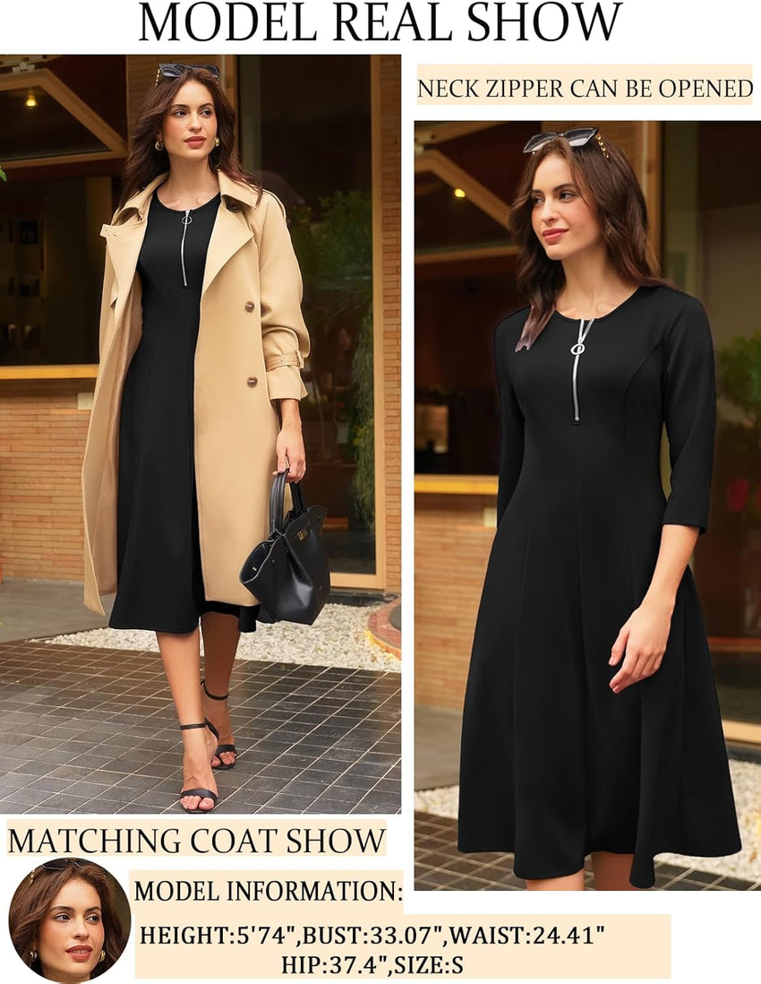 GRACE KARIN Womens Wear to Work Dresses Funeral Dress 3/4 Sleeve Zipper Front Empire Waist Aline Dress with Pockets - 7DAY'S