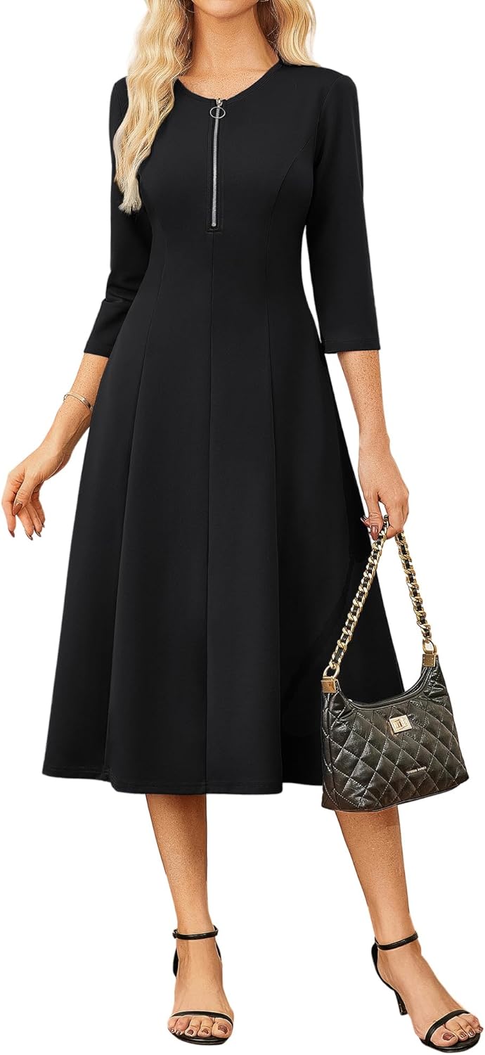 GRACE KARIN Womens Wear to Work Dresses Funeral Dress 3/4 Sleeve Zipper Front Empire Waist Aline Dress with Pockets - 7DAY'S