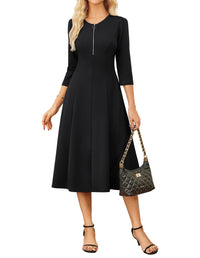 GRACE KARIN Womens Wear to Work Dresses Funeral Dress 3/4 Sleeve Zipper Front Empire Waist Aline Dress with Pockets - 7DAY'S