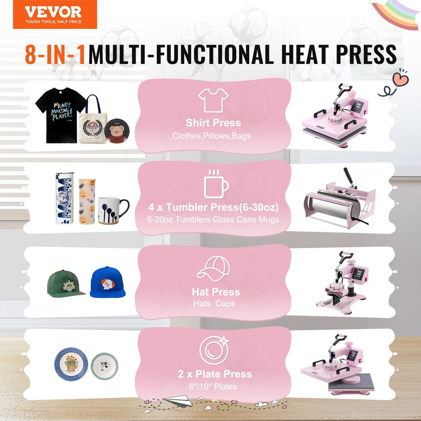 Heat Press Machine 15x15 in 8 in 1 with 30oz Tumbler Press T-Shirts Pink - 7DAY'S