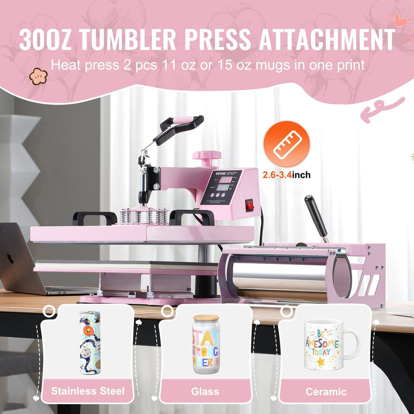 Heat Press Machine 15x15 in 8 in 1 with 30oz Tumbler Press T-Shirts Pink - 7DAY'S