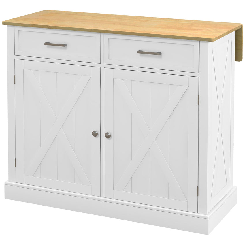 HOMCOM Farmhouse Kitchen Island Cart with Drop Leaf Breakfast Bar, 2 Drawers, Adjustable Shelves, White Wood - 7DAY'S