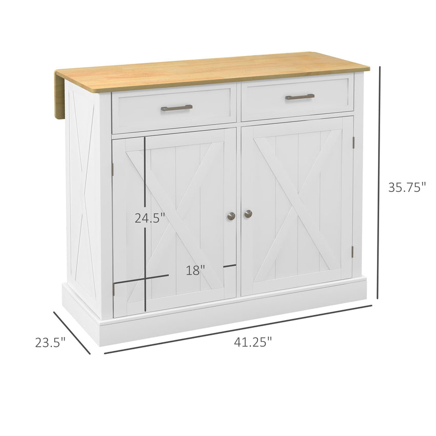 HOMCOM Farmhouse Kitchen Island Cart with Drop Leaf Breakfast Bar, 2 Drawers, Adjustable Shelves, White Wood - 7DAY'S
