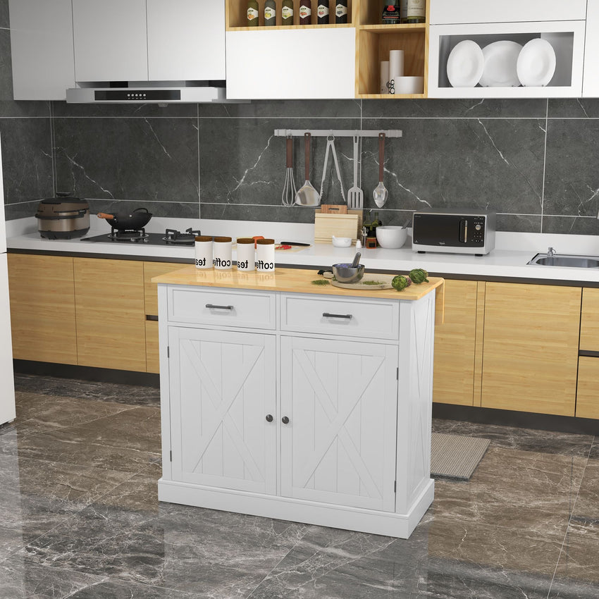 HOMCOM Farmhouse Kitchen Island Cart with Drop Leaf Breakfast Bar, 2 Drawers, Adjustable Shelves, White Wood - 7DAY'S