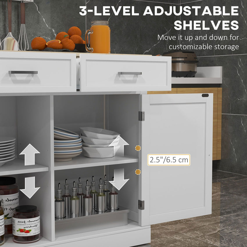 HOMCOM Farmhouse Kitchen Island Cart with Drop Leaf Breakfast Bar, 2 Drawers, Adjustable Shelves, White Wood - 7DAY'S