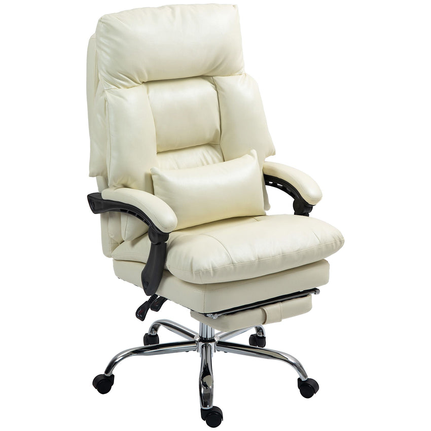 HOMCOM Overstuffed Office Chair, High Back Desk Chair with Foot Rest, Reclining PU Leather Computer Chair, Cream White - 7DAY'S