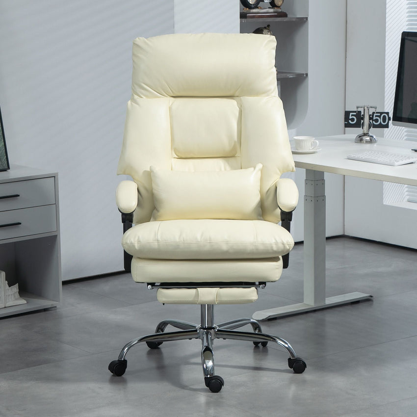 HOMCOM Overstuffed Office Chair, High Back Desk Chair with Foot Rest, Reclining PU Leather Computer Chair, Cream White - 7DAY'S
