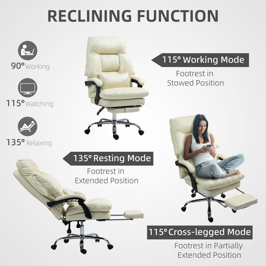 HOMCOM Overstuffed Office Chair, High Back Desk Chair with Foot Rest, Reclining PU Leather Computer Chair, Cream White - 7DAY'S