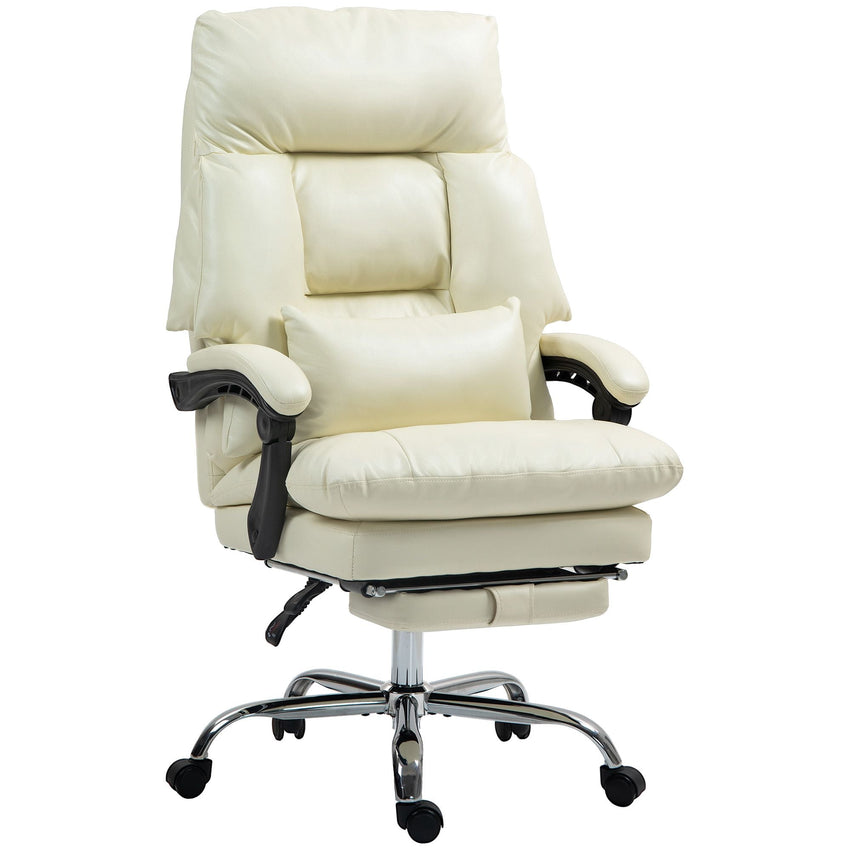 HOMCOM Overstuffed Office Chair, High Back Desk Chair with Foot Rest, Reclining PU Leather Computer Chair, Cream White - 7DAY'S