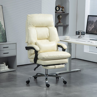 HOMCOM Overstuffed Office Chair, High Back Desk Chair with Foot Rest, Reclining PU Leather Computer Chair, Cream White - 7DAY'S