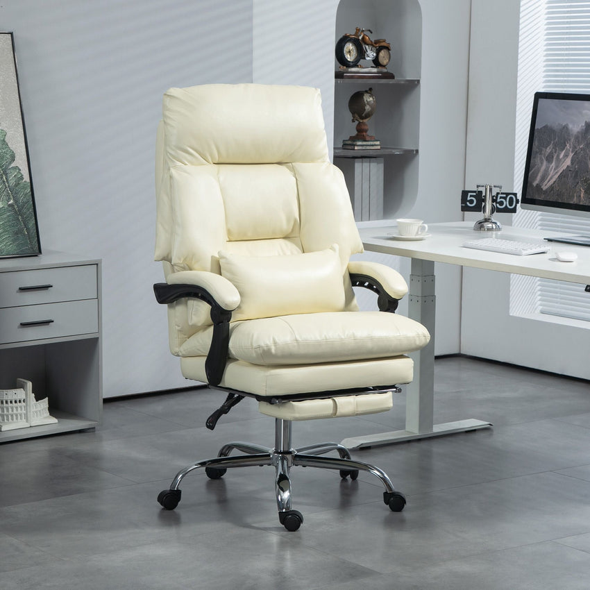 HOMCOM Overstuffed Office Chair, High Back Desk Chair with Foot Rest, Reclining PU Leather Computer Chair, Cream White - 7DAY'S