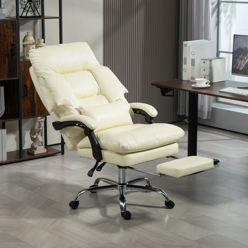 HOMCOM Overstuffed Office Chair, High Back Desk Chair with Foot Rest, Reclining PU Leather Computer Chair, Cream White - 7DAY'S