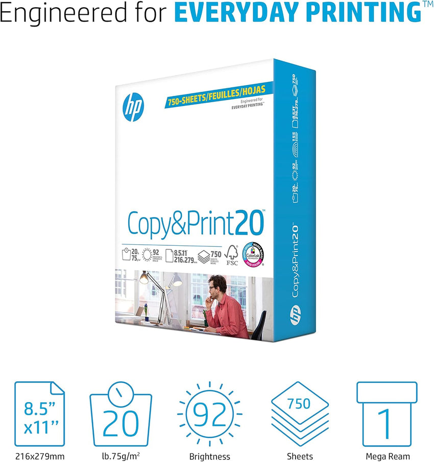 HP Printer Paper | 8.5 x 11 Paper | Copy &Print 20 lb | 1 Ream Case - 500 Sheets| 92 Bright | Made in USA - FSC Certified | 200060 - 7DAY'S