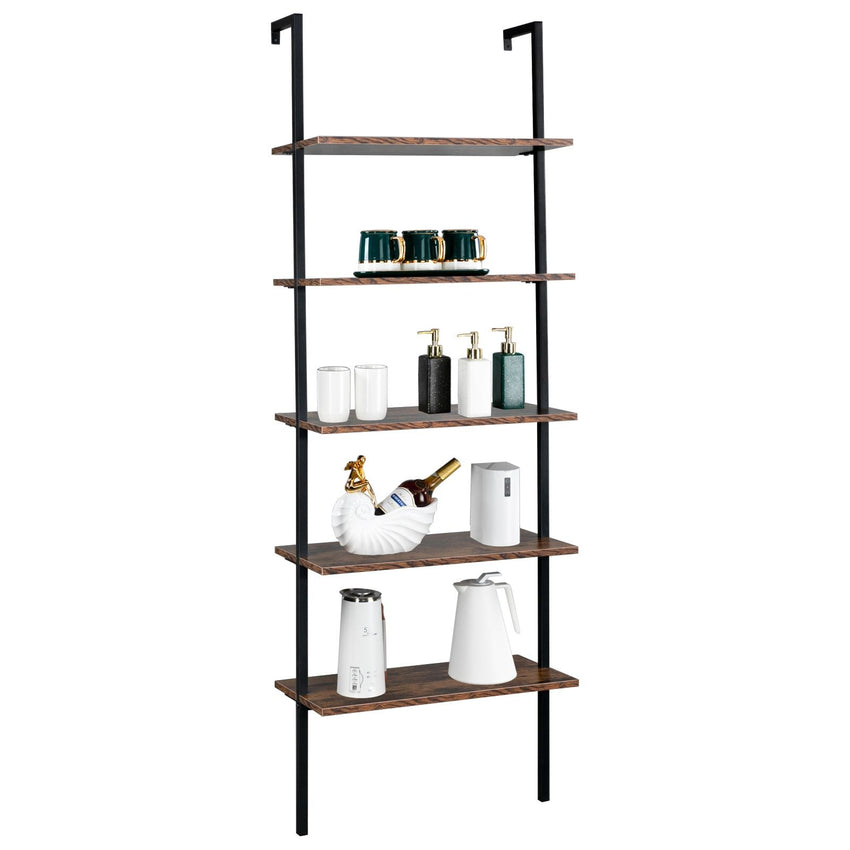 Industrial Wall Mounted Bookcase 5 - Tier Open Ladder Shelf Bookshelf with Metal Frame, 23.6" L x 11.8" W x 70.9" H - 7DAY'S