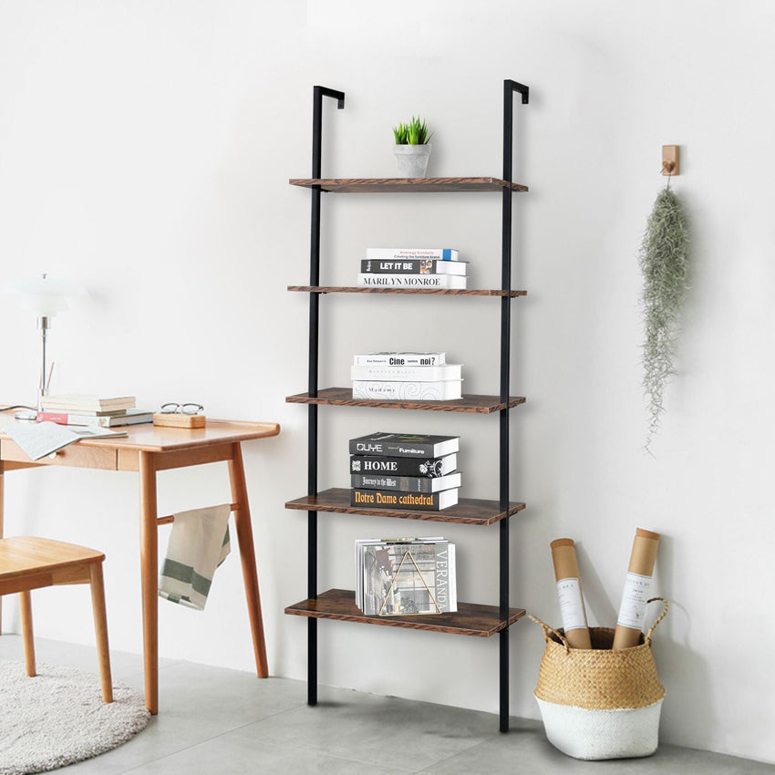 Industrial Wall Mounted Bookcase 5 - Tier Open Ladder Shelf Bookshelf with Metal Frame, 23.6" L x 11.8" W x 70.9" H - 7DAY'S