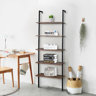 Industrial Wall Mounted Bookcase 5 - Tier Open Ladder Shelf Bookshelf with Metal Frame, 23.6" L x 11.8" W x 70.9" H - 7DAY'S