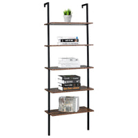 Industrial Wall Mounted Bookcase 5 - Tier Open Ladder Shelf Bookshelf with Metal Frame, 23.6" L x 11.8" W x 70.9" H - 7DAY'S
