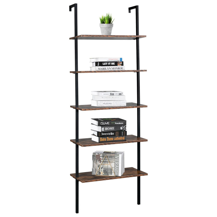 Industrial Wall Mounted Bookcase 5 - Tier Open Ladder Shelf Bookshelf with Metal Frame, 23.6" L x 11.8" W x 70.9" H - 7DAY'S