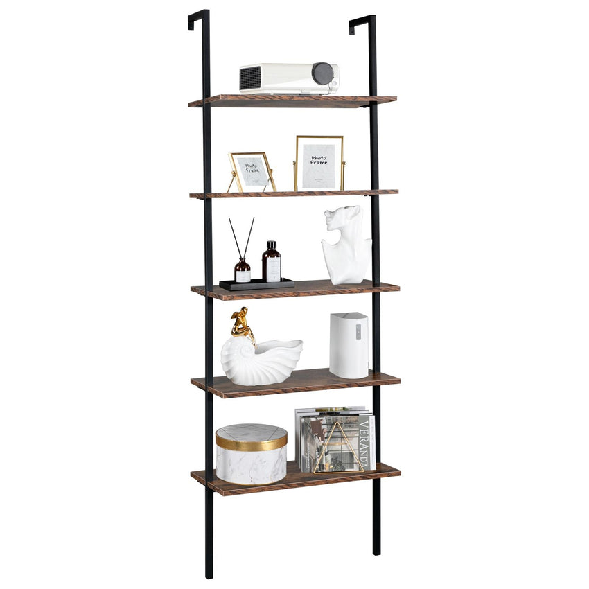 Industrial Wall Mounted Bookcase 5 - Tier Open Ladder Shelf Bookshelf with Metal Frame, 23.6" L x 11.8" W x 70.9" H - 7DAY'S
