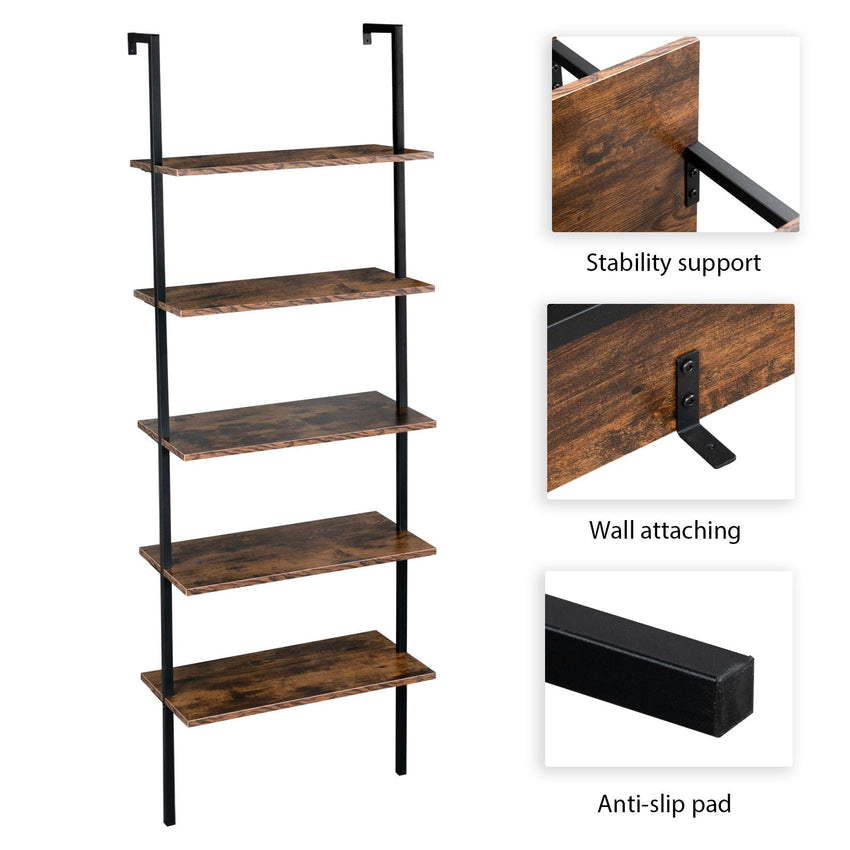 Industrial Wall Mounted Bookcase 5 - Tier Open Ladder Shelf Bookshelf with Metal Frame, 23.6" L x 11.8" W x 70.9" H - 7DAY'S