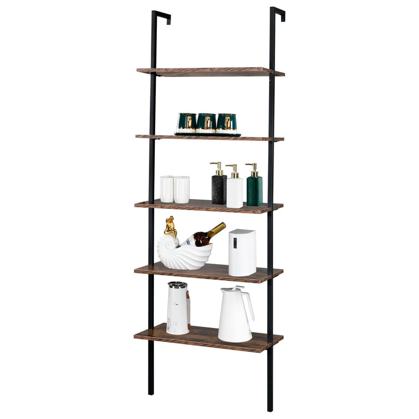 Industrial Wall Mounted Bookcase 5 - Tier Open Ladder Shelf Bookshelf with Metal Frame, 23.6" L x 11.8" W x 70.9" H - 7DAY'S