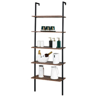 Industrial Wall Mounted Bookcase 5 - Tier Open Ladder Shelf Bookshelf with Metal Frame, 23.6" L x 11.8" W x 70.9" H - 7DAY'S