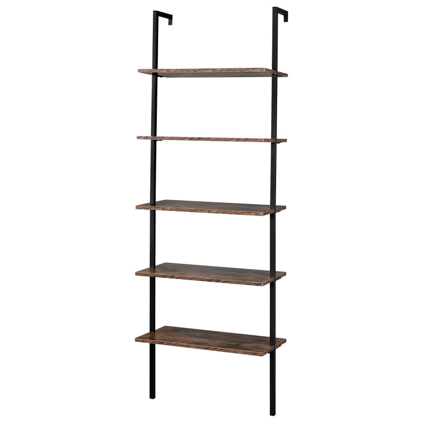 Industrial Wall Mounted Bookcase 5 - Tier Open Ladder Shelf Bookshelf with Metal Frame, 23.6" L x 11.8" W x 70.9" H - 7DAY'S