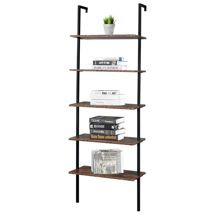 Industrial Wall Mounted Bookcase 5 - Tier Open Ladder Shelf Bookshelf with Metal Frame, 23.6" L x 11.8" W x 70.9" H - 7DAY'S
