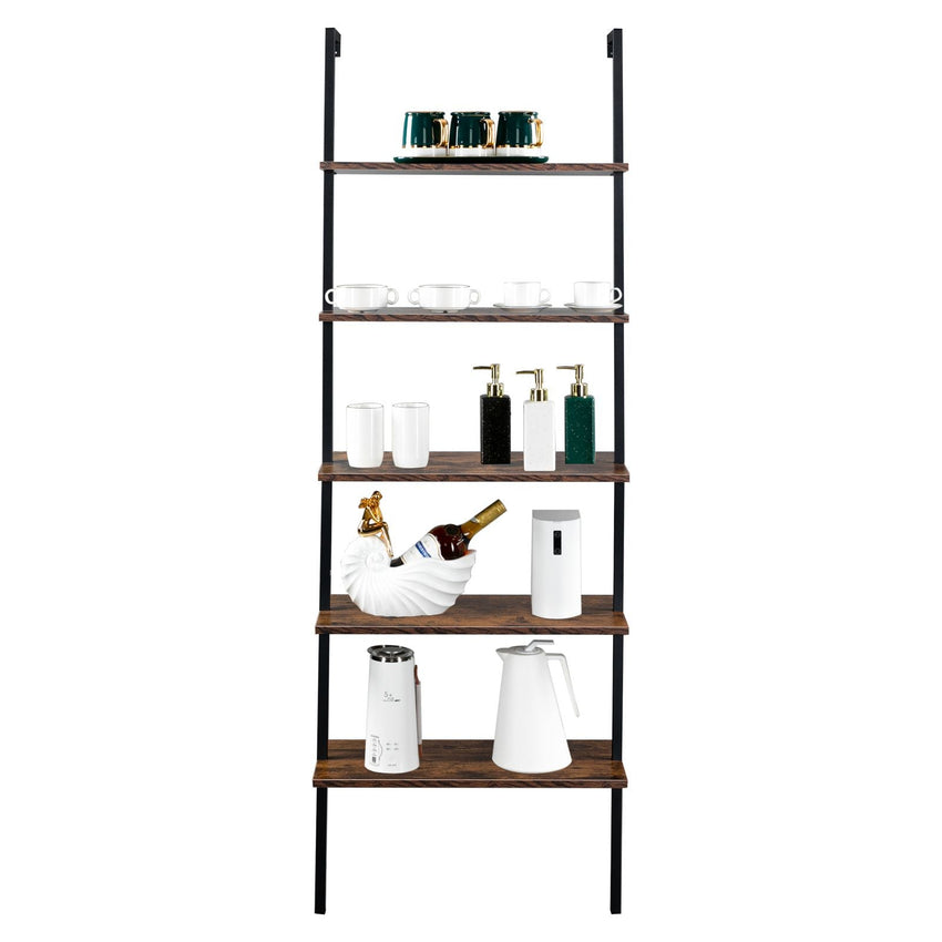 Industrial Wall Mounted Bookcase 5 - Tier Open Ladder Shelf Bookshelf with Metal Frame, 23.6" L x 11.8" W x 70.9" H - 7DAY'S