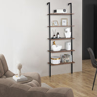 Industrial Wall Mounted Bookcase 5 - Tier Open Ladder Shelf Bookshelf with Metal Frame, 23.6" L x 11.8" W x 70.9" H - 7DAY'S
